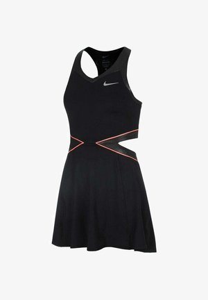 Robe de sport noire sans manches avec dos nageur, côtés découpés soulignés de rose, et petit logo Nike blanc sur la poitrine.