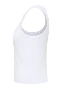 Débardeur blanc sans manches avec un col rond, montré de profil sur un fond blanc uni.