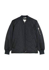 Marineblauer, gesteppter Bomberjacke mit Reißverschluss, gerippten Bündchen und einer Seitentasche mit Reißverschluss. Leichter Stoff mit glatter Textur.