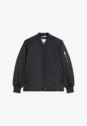 Marineblauer, gesteppter Bomberjacke mit Reißverschluss, gerippten Bündchen und einer Seitentasche mit Reißverschluss. Leichter Stoff mit glatter Textur.