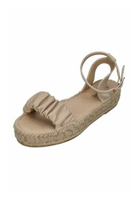 Beige espadrille sandal with a ruched fabric upper, woven jute midsole, and ankle strap with a buckle closure. Flat sole.