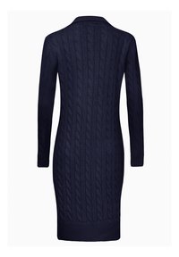 Abito lavorato a maglia blu navy con motivo a treccia, maniche lunghe, colletto e orlo a costine. Tessuto morbido con silhouette aderente.