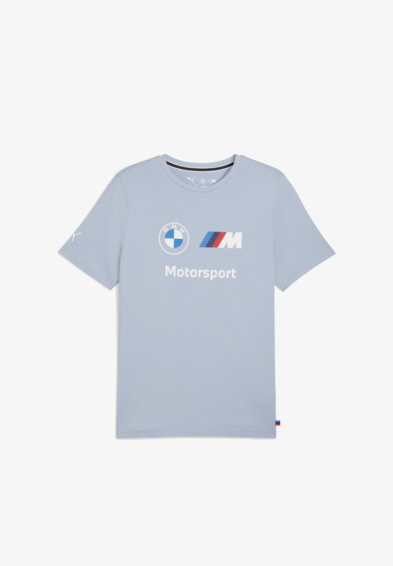 Světle modré bavlněné tričko s bílými a námořnickými logy BMW a M, s textem "Motorsport". Krátké rukávy, kulatý výstřih, minimalistický design.