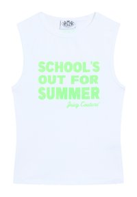 Top bianco senza maniche con scollo rotondo, decorato da un bold testo verde neon che riporta la scritta "LA SCUOLA È FINITA PER L'ESTATE" e il nome del marchio sottostante.