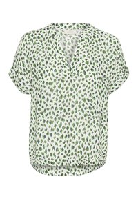 Short-sleeve blouse featuring a V-neck, made of lightweight fabric with a white base and green, blue, and black speckled pattern.