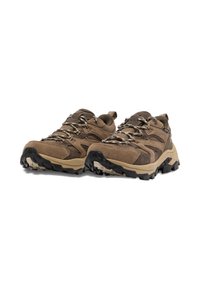 Brown hiking shoes made of suede and mesh with a rugged rubber sole. Features reflective laces and rear pull tab for easy wear.