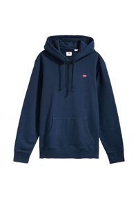 Granatowa bluza z kapturem wykonana z bawełny, z przednią kieszenią, sznurkami do regulacji i małą czerwoną naszywką z logo na piersi.