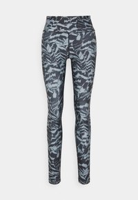 Leggings od rastezljivog materijala s apstraktnim uzorkom u crnoj i tirkiznoj boji, visokim strukom i glatkim, prilagodljivim dizajnom.