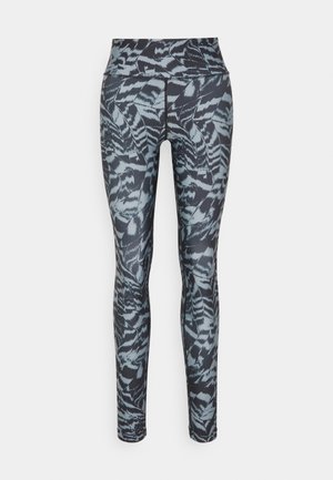 Rugalmas anyagból készült leggings, fekete és türkiz színű, absztrakt mintázattal, magas derékkal és sima, testhezálló kialakítással.