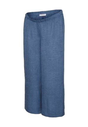 Pantalons larges en tissu léger et tissé de couleur bleu foncé uni, avec une texture douce et une taille élastique pour plus de confort.