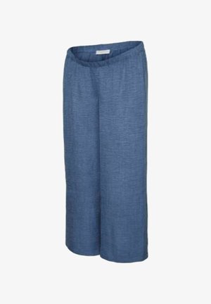 Lengvi, audiniai plačios kojų kelnės tamsiai mėlynos spalvos, pasižyminčios minkšta tekstūra ir elastinga juosmeniu patogumui.