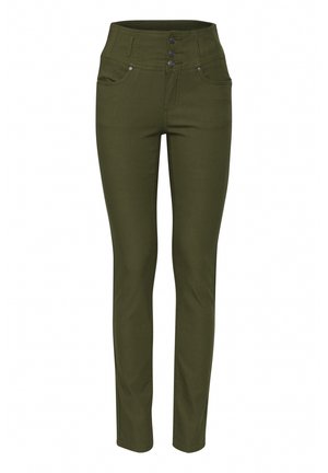 Olivgrüne Slim-Fit-Hosen mit mittelhohem Bund, Drei-Knopf-Verschluss, zwei vorderen Taschen und dezenten Stickdetails. Weicher Stoff.