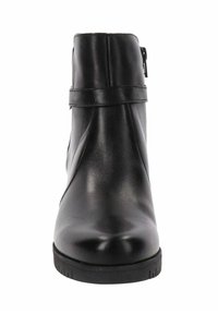 Stivale alla caviglia in pelle nera con punta arrotondata, tacco basso, dettagli con cuciture verticali e chiusura a zip su un lato. Suola in gomma e superficie liscia.