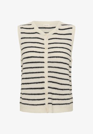 Crème vest met zwarte horizontale strepen, met een V-hals en vijf knopen aan de voorkant. Eenvoudige, casual stijl voor het combineren.