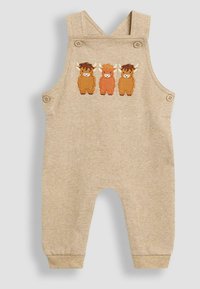 Beiger Baby-Overall mit Knöpfen an den Trägern und gesticktem Design von drei lächelnden Highland-Rindern auf der Brust.