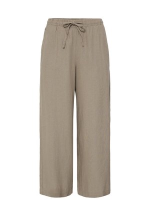 Világosbarna, széles szárú nadrág elasztikus derékpánttal és állítható húzózsinórral, könnyű anyagból készült.