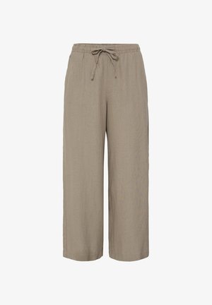 Világosbarna, széles szárú nadrág elasztikus derékpánttal és állítható húzózsinórral, könnyű anyagból készült.