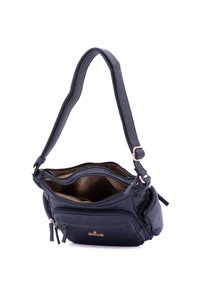 Borsa in pelle di colore blu scuro con superficie testurizzata, scomparti con cerniera e una tracolla staccabile. Interno foderato in tessuto beige.