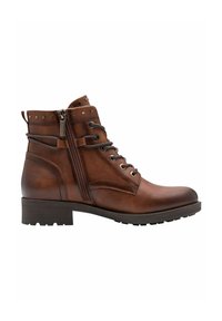 Bottine en cuir marron avec fermeture éclair latérale, lacets à l'avant, œillets métalliques, détails cloutés sur le bord supérieur et petit talon empilé.