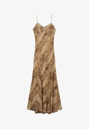 Abito maxi marrone a fantasia con spalline sottili e un corpetto aderente che si apre in una gonna svasata, realizzato in un tessuto morbido e leggero.