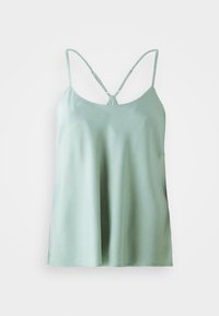Lichtgroene zijden camisole met dunne verstelbare spaghettibandjes en een centrale knoopdetail op de rug.