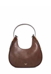 Bruine leren schoudertas met een gebogen ontwerp, voorzien van gouden accenten en een zip pocket aan de zijkant. Soepele textuur en minimale branding.