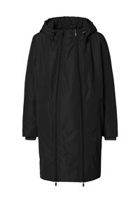 Lange zwarte gewatteerde winterjas met capuchon, twee verticale voorritsen en geribbelde manchetten op de mouwen.