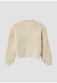 Sweter w kolorze kremowym, dziany, z teksturowanym wzorem, skróconym fasonem i długimi, bufiastymi rękawami. Posiada prążkowany dekolt oraz hem.