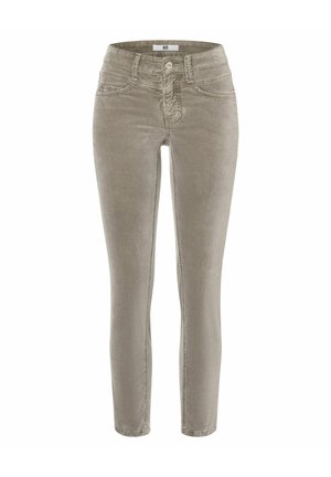 Beżowe spodnie ze sztruksu o dopasowanym kroju, z przodem zapinanym na guzik i zamek, szlufkami na pasek oraz przednimi i tylnymi kieszeniami.