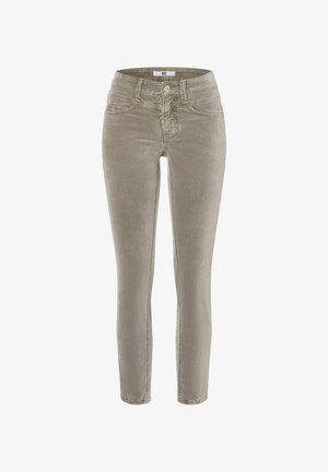 Beigen väriset, kapealahkeiset corduroy-housut, joissa edessä nappi- ja vetoketjusuljin, vyölenkit sekä etu- ja takataskut.