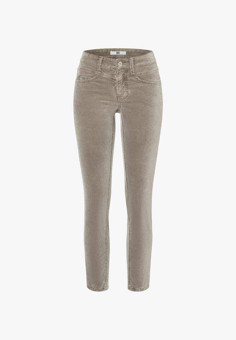 Pantalon en velours côtelé beige coupe slim, fermeture devant par bouton et zip, passants de ceinture, poches avant et arrière.