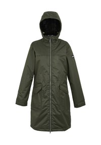 Parka longue vert olive avec capuche, fermeture éclair frontale, poches à rabat et poignets réglables, conçue pour les temps froids.