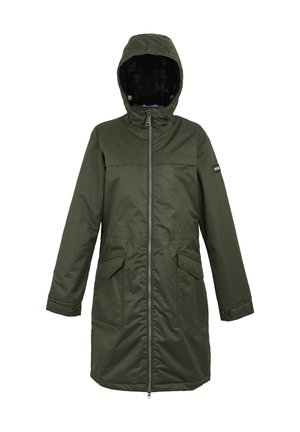 Olive green long parka with hood, front zipper, flap pockets, and adjustable cuffs, designed for cold weather.