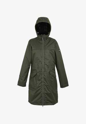 Olive green long parka with hood, front zipper, flap pockets, and adjustable cuffs, designed for cold weather.