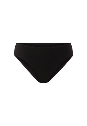 Czarne bikini dolne wykonane z gładkiego, elastycznego materiału. Posiada średni wzrost w talii, zaokrąglone boki oraz bezszwowy design dla komfortu.