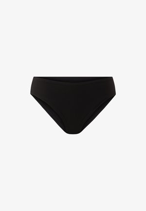 Bas de bikini noir en matériau lisse et extensible. Présente une taille mi-haute, des côtés arrondis et un design sans couture pour plus de confort.