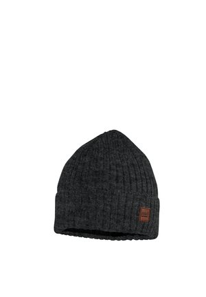 Dark gray knitted beanie with ribbed texture and a small brown rectangular leather patch labeled "mxo by maximo" on the cuff.