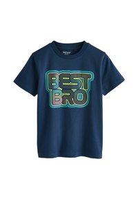 Navy blue cotton t-shirt with short sleeves. Features a large, multicolored "BEST BRO" graphic on the front. Crew neck design.