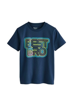 Navy blue cotton t-shirt with short sleeves. Features a large, multicolored "BEST BRO" graphic on the front. Crew neck design.