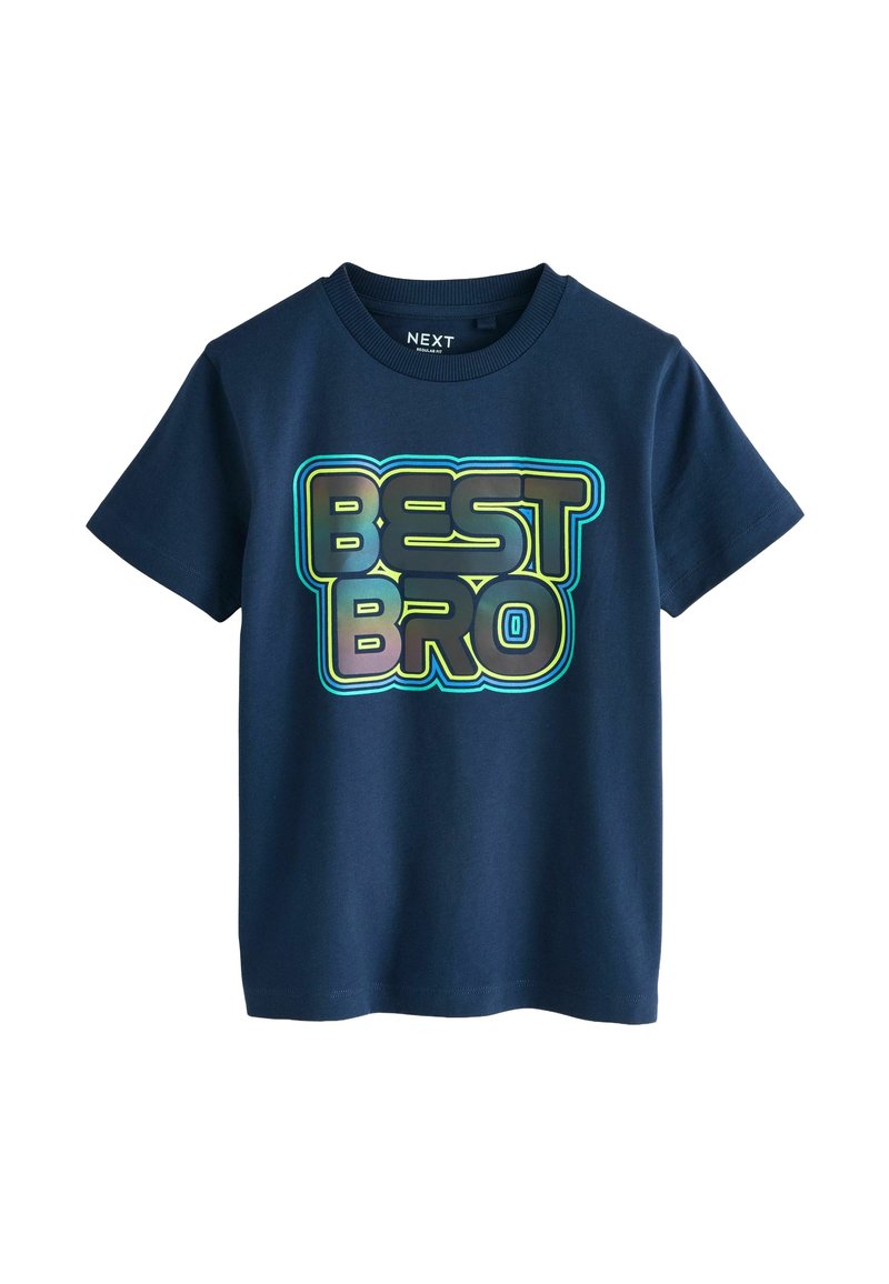 Navy blue cotton t-shirt with short sleeves. Features a large, multicolored "BEST BRO" graphic on the front. Crew neck design.