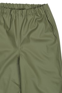 Olivengrüne, leichte Hose mit elastischem Bund, glatter, glänzender Textur und Seitennähten, geeignet für legere Anlässe.