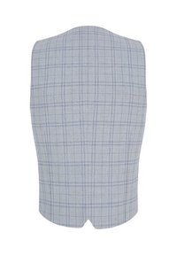 Jasnoniebieski kamizelka w kratę o wyraźnej strukturze, z teksturowanym materiałem i w kształcie litery V z tyłu.