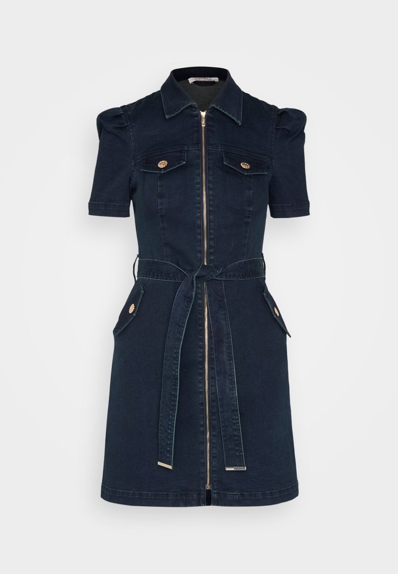 Marineblauwe denim jurk met korte pofmouwen, rits aan de voorkant, twee borstzakken, tailleband en accenten in goudkleurige knopen.