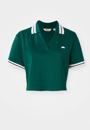 Groene cropped polo shirt van katoen, met een V-hals, korte mouwen met witte en marineblauwe strepen, en een klein logo op de borst.