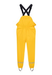 Kollane veekindel kombinesoon, millel on reguleeritavad mustad rihmad, elastne vöökoht ja peegeldavad triibud pahkluude juures. Siledast materjalist.