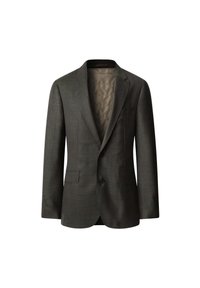 Tmav gray sako s jemným vzorom kociek, so zárezy na klopách, dvoma prednými vreckami a svetlým saténovým podšívkou. Zapínanie na dva gombíky.