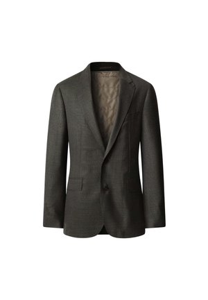 Tummanharmaa bleiseri, jossa on hienovarainen ruutukuosi, viistot läpät, kaksi etutaskua ja vaaleanvärinen satiinivuori. Kaksi nappia edessä.