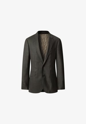 Blazer gris foncé avec un motif à carreaux subtil, revers crantés, deux poches avant et une doublure en satin de couleur claire. Fermeture à deux boutons.