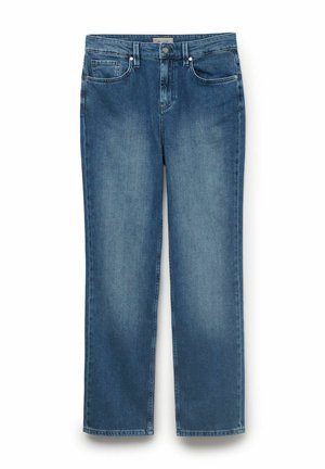 Jean denim bleu à jambes droites avec design classique à cinq poches et fermeture par bouton à la taille, présentant un subtil délavage sur les cuisses.