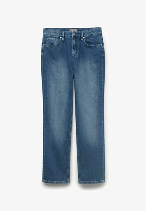 Jean denim bleu à jambes droites avec design classique à cinq poches et fermeture par bouton à la taille, présentant un subtil délavage sur les cuisses.